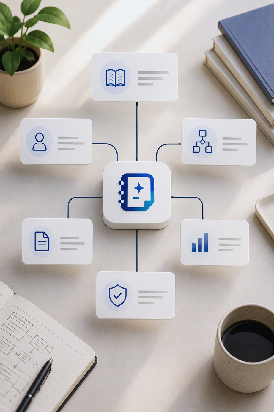 An editorial workspace connecting people, knowledge, workflow, documents, evidence and outcomes around one shared centre